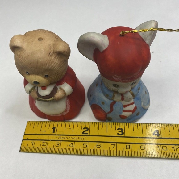 2/Two Jasco 1980 Critter Bells Mouse & Bear Porcelain Christmas Bell Vintage - Picture 10 of 12